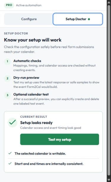 Form2Cal Setup Doctor tab showing automatic checks and the Test my setup button