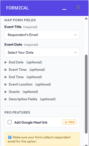 Form2Cal sidebar showing event title, event date, optional fields, and Google Meet link
