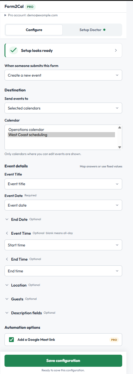Form2Cal field mapping interface showing selected calendars and form questions mapped to event date and times