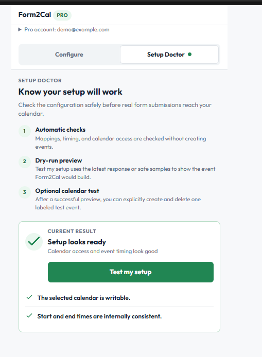 Setup Doctor with successful calendar access and timing checks and the Test my setup button